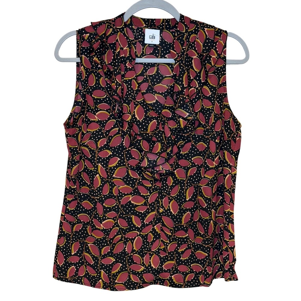Cabi Womens Blouse Burgundy Black Leaf Small Ruffle V-Neck‎ Sleeveless Casual - Picture 2 of 7